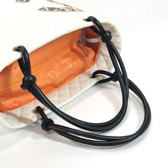 Chanel Tote Bag Cambon Line Medium Lambskin Python Leather Logo White - Picture 6 of 9